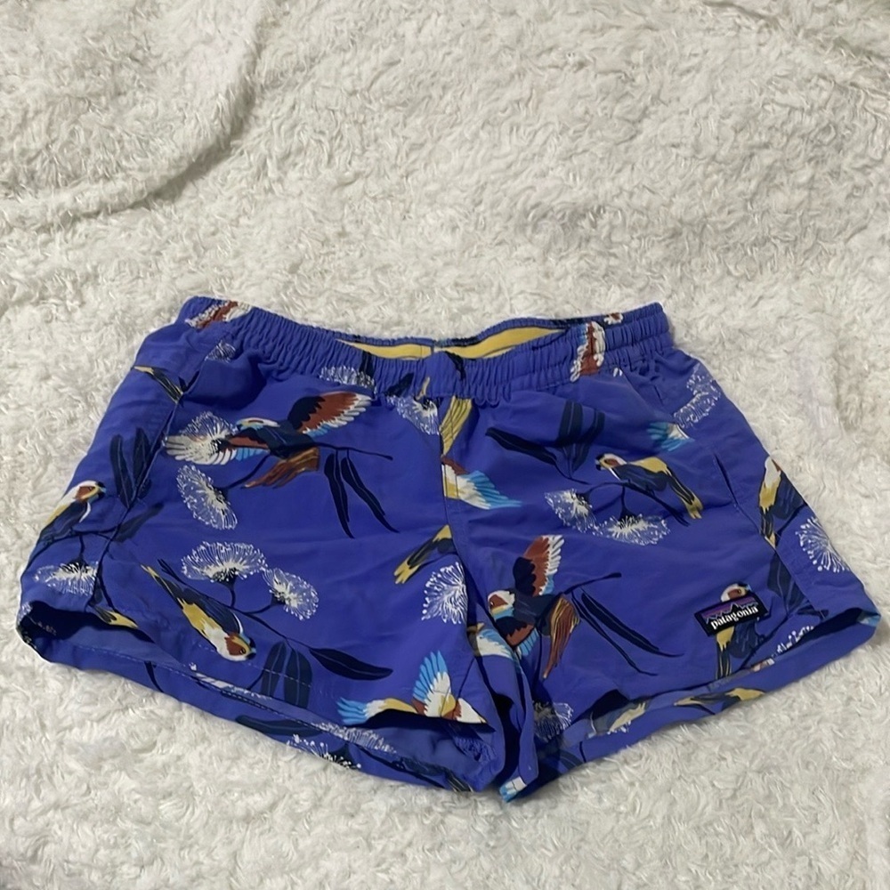 Patagonia Blue Parrot Print Shorts for kids